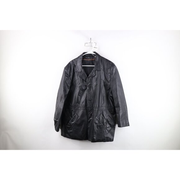 Vintage 70s Streetwear Mens 44R Distressed Button Leather Jacket Coat Black - Picture 1 of 16